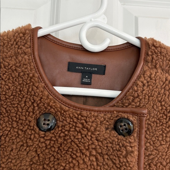 Ann Taylor Fun Faux Sherpa with Faux Leather Wool Blend Double-Breasted Coat - Picture 2 of 9